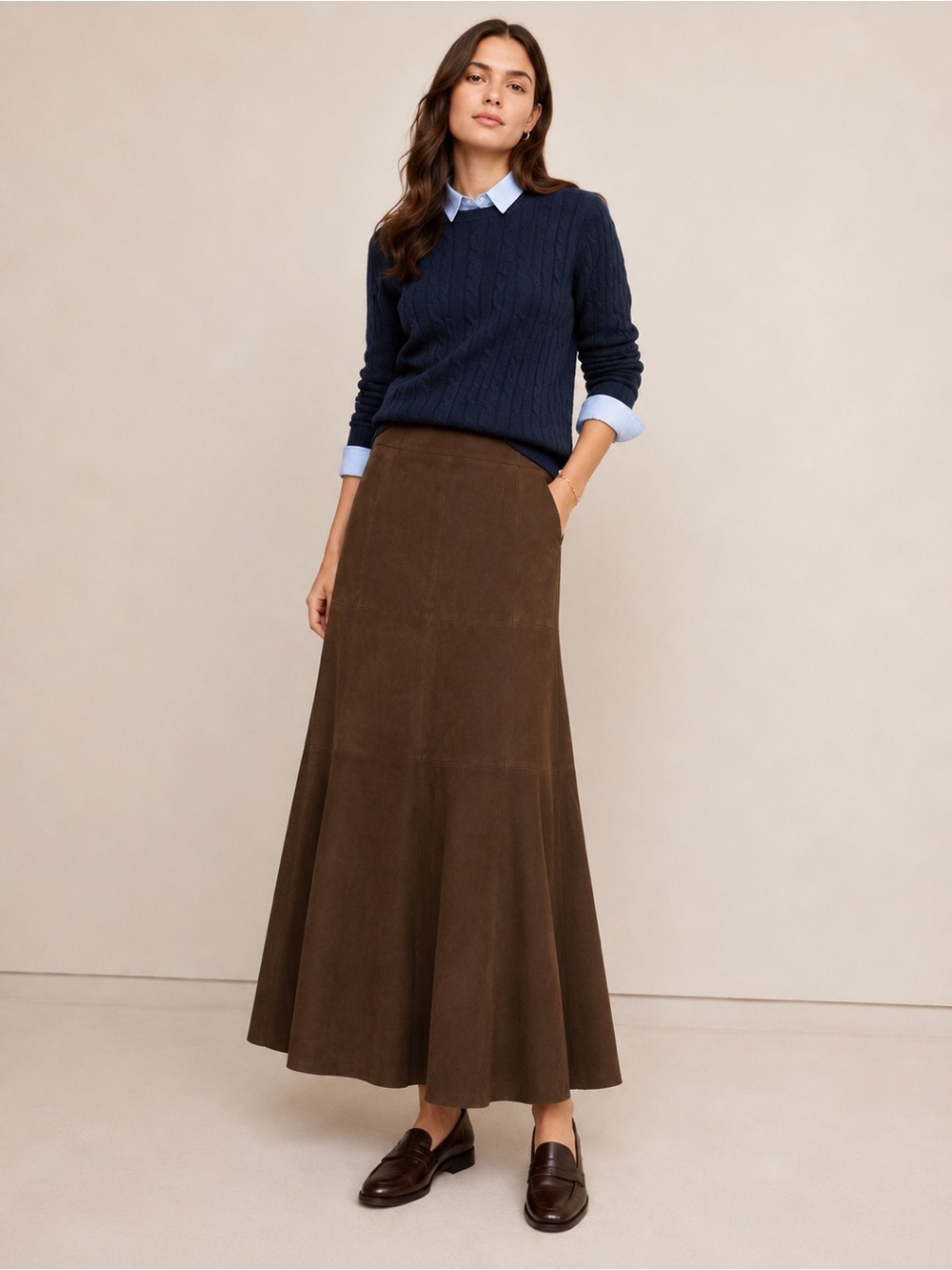 Brooks Brothers Chocolate Brown Suede Midi Skirt Size 12 Pleated Quiet Luxury